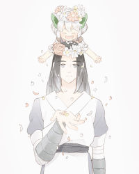 Rule 34 | 2boys, bad id, bad pixiv id, black hair, blush, closed eyes, flower, grey eyes, hand up, long hair, looking at viewer, luo xiaohei, luo xiaohei (human), luo xiaohei zhanji, multiple boys, noah lily77, open mouth, petals, pink flower, short hair, simple background, smile, white background, white flower, white hair, wuxian (the legend of luoxiaohei)