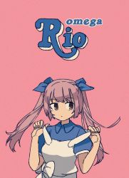 Rule 34 | 1girl, apron, blue bow, blue dress, bow, character name, collared dress, dress, film grain, grey eyes, hair bow, hands up, highres, long hair, omega rio, omega sisters, pink background, pink hair, short sleeves, simple background, smr omg, solo, twintails, upper body, virtual youtuber