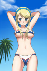 Rule 34 | 1girl, arms behind head, arms up, awa, bikini, blonde hair, blue eyes, blush, breasts, cleavage, hair ornament, hairband, heroman, lina davis, smile, solo, swimsuit, twintails, underboob