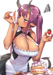 Rule 34 | 1girl, absurdres, alternate costume, alternate hairstyle, apron, blue eyes, blunt bangs, blush, breasts, cake, cleavage, cleavage cutout, clothing cutout, dark-skinned female, dark skin, demon girl, demon tail, enmaided, fingernails, food, fruit, highres, horns, large breasts, licking, licking hand, long fingernails, long hair, maid, maid apron, messy, mr.lime, oni horns, original, pointy ears, purple hair, solo, squiggle, strawberry, tail, tongue, tongue out, twintails, whipped cream, white background
