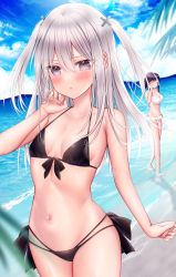 Rule 34 | 2girls, absurdres, bikini, black bikini, black hair, blue sky, blush, breasts, cleavage, closed eyes, cloud, collarbone, commentary request, day, frilled bikini, frills, grey eyes, grey hair, hair between eyes, hair ornament, highres, kuro namako, large breasts, lens flare, long hair, looking at viewer, mountainous horizon, multiple girls, navel, ocean, original, outdoors, parted lips, sky, small breasts, smile, solo focus, standing, stomach, swimsuit, twintails, white bikini, x hair ornament