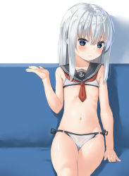 Rule 34 | 1girl, anchor symbol, arm at side, aruma (sawayaka tokuko miruku), bare arms, bare shoulders, bikini, black ribbon, blue eyes, blue sailor collar, blush, cameltoe, closed mouth, collarbone, commentary request, couch, flat chest, frown, hand up, hibiki (kancolle), highres, kantai collection, long hair, looking at viewer, navel, neckerchief, on couch, red neckerchief, ribbon, sailor bikini, sailor collar, side-tie bikini bottom, sidelocks, silver hair, sitting, sketch, solo, stomach, straight hair, swimsuit, wavy mouth, white bikini