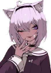 Rule 34 | 1girl, ahoge, animal ear fluff, animal ears, blush, brown choker, choker, closed mouth, eyelashes, fingernails, hair between eyes, hairband, highres, hololive, licking, licking finger, light purple hair, necktie, nekomata okayu, nekomata okayu (casual), not nodu, one eye closed, purple eyes, purple hair, purple hairband, simple background, sleeves past fingers, sleeves past wrists, solo, tongue, tongue out, upper body, virtual youtuber, white background, white necktie