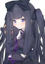 Rule 34 | 1girl, black hair, blunt bangs, blush, bow, character doll, commentary, cp2980606, crying, crying with eyes open, hair bow, highres, holding, holding stuffed toy, hololive, hololive english, lolita fashion, long hair, long sleeves, looking at viewer, mole, mole under eye, necktie, ninomae ina&#039;nis, purple eyes, simple background, solo, stuffed toy, stuffing, symbol-only commentary, takodachi (ninomae ina&#039;nis), tears, two side up, upper body, very long hair, virtual youtuber, white background