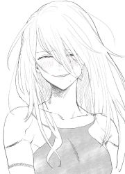 Rule 34 | 1girl, arms at sides, blush, closed eyes, commentary request, greyscale, grin, hair between eyes, long bangs, long hair, mellow rag, mole, mole under mouth, monochrome, nier:automata, nier (series), simple background, smile, solo, upper body, a2 (nier:automata)