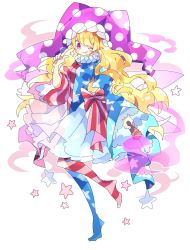 Rule 34 | 1girl, adapted costume, american flag dress, american flag legwear, blonde hair, bow, clownpiece, commentary request, earrings, frilled sleeves, frills, full body, grin, hand up, hat, highres, holding, holding torch, index finger raised, jester cap, jewelry, long hair, long sleeves, looking at viewer, neck ruff, nikorashi-ka, one eye closed, pointy ears, polka dot headwear, purple eyes, purple hat, red bow, simple background, smile, solo, star (symbol), star earrings, torch, touhou, very long hair, white background, wide sleeves