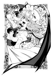 Rule 34 | 1girl, absurdres, ascot, bat wings, dress, fangs, flower, framed, greyscale, hat, highres, kamenozoki momomo, looking at viewer, mob cap, monochrome, open mouth, puffy short sleeves, puffy sleeves, remilia scarlet, rose, short hair, short sleeves, smile, solo, touhou, wings, wrist cuffs