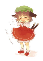 Rule 34 | 1girl, animal ears, blush, brown hair, cat ears, cat girl, cat tail, chaba (hortensia), chen, chibi, dress, earrings, female focus, full body, hat, jewelry, multiple tails, short hair, solo, tail, touhou, underwear, white background