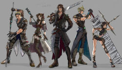 Rule 34 | 2girls, 3boys, aerith gainsborough, alternate costume, armor, asymmetrical legwear, bandages, bare shoulders, black gloves, blonde hair, boots, breasts, brown hair, brown pants, cid highwind, clenched teeth, cloud strife, crop top, detached sleeves, facial hair, final fantasy, final fantasy vii, final fantasy viii, fingerless gloves, full body, fusion swords, gloves, goggles, goggles on head, green eyes, grey background, grey jacket, grey leotard, gunblade, hair ribbon, hand on own hip, headband, high collar, high heel boots, high heels, highres, holding, holding polearm, holding shuriken, holding staff, holding sword, holding weapon, jacket, kingdom hearts, knee pads, leaning forward, leotard, long hair, looking at viewer, looking to the side, medium breasts, medium hair, midriff, multiple boys, multiple girls, navel, over shoulder, pants, parted bangs, polearm, ribbon, scar, scar on face, shio ga, short hair, short shorts, shorts, shoulder armor, showgirl skirt, shuriken, sidelocks, sleeveless, sleeveless turtleneck, smile, spiked hair, squall leonhart, square enix, staff, standing, stubble, sword, teeth, thigh boots, thigh strap, toeless footwear, turtleneck, waist cape, weapon, weapon over shoulder, yuffie kisaragi
