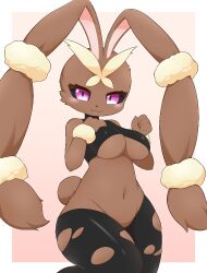 Rule 34 | 1girl, :3, animal nose, bare shoulders, black pantyhose, black sclera, blush, border, breasts, brown background, clenched hand, closed mouth, colored sclera, creatures (company), crotchless, crotchless pantyhose, female focus, furry, furry female, game freak, gen 4 pokemon, groin, hand on own chest, hands up, happy, leg up, long ears, looking at viewer, lopunny, medium breasts, mega lopunny, mega pokemon, navel, nintendo, outline, outside border, pantyhose, pokemon, pokemon (creature), purple eyes, rabbit ears, rabbit girl, rabbit tail, shirom, short tail, simple background, smile, solo, sports bra, standing, standing on one leg, stomach, tail, thick thighs, thighs, torn clothes, torn pantyhose, underboob, white border, white outline, wide hips