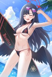 Rule 34 | 1girl, :d, absurdres, armpits, bare shoulders, bikini, black bikini, black hair, black wings, blue archive, blue sky, blush, breasts, closed eyes, cowboy shot, day, eyewear on head, feathered wings, guntree, hair ornament, hairclip, highres, holding, holding surfboard, ichika (blue archive), looking at viewer, medium breasts, navel, ocean, open mouth, outdoors, ribbon, sky, smile, solo, stomach, string bikini, sunglasses, surfboard, swimsuit, water, wings