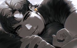 Rule 34 | 1boy, bara, black hair, blush, close-up, ear piercing, facial hair, fat, fat man, highres, isuke, looking at viewer, lying, male focus, mature male, piercing, pillow, shirt, smile, thick eyebrows, tight clothes, yellow eyes