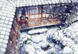 Rule 34 | architecture, bare tree, black hair, blurry, depth of field, dog, east asian architecture, from above, open mouth, original, outdoors, sasakure (mogunonbi), shiba inu, snow, snowing, tile roof, tree, winter