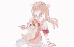 Rule 34 | 1girl, :3, animal, animal on lap, apron, arm support, bandaged wrist, bandages, blonde hair, calico, cat, cat on lap, center frills, chimoshi (hitsuji tonakai), collared dress, commentary, dress, frills, hair ornament, heart, heart print, highres, holding, holding scissors, long hair, natori sana, on lap, open mouth, pink apron, ponytail, puffy short sleeves, puffy sleeves, rabbit hair ornament, sana channel, scissors, seiza, shaded face, short sleeves, simple background, sitting, symbol-only commentary, thighhighs, virtual youtuber, white background, white dress, white thighhighs