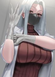 Rule 34 | 1girl, adjusting clothes, adjusting gloves, breasts, eyes visible through hair, forehead, gloves, grey background, half-closed eyes, lab coat, large breasts, long hair, mask, mouth mask, original, red eyes, red sweater, simple background, solo, sweater, tomiokasena, turtleneck, turtleneck sweater, upper body, white gloves, white hair