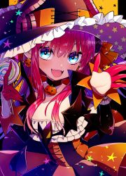 Rule 34 | 1girl, black legwear, blue eyes, blush, breasts, candy, curled horns, detached sleeves, dragon horns, dress, elizabeth bathory (fate), elizabeth bathory (halloween caster) (fate), fate/grand order, fate (series), food, halloween, halloween costume, hands up, hat, hat ornament, holding, holding candy, holding food, holding lollipop, horns, lollipop, long hair, looking at viewer, moru, open mouth, pink hair, pointy ears, ribbon, small breasts, smile, solo, star (symbol), star hat ornament, striped clothes, striped dress, type-moon, vertical stripes, witch hat