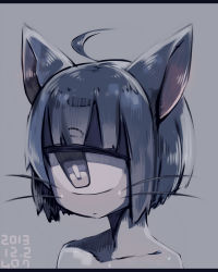 Rule 34 | 10s, 1girl, 2013, ahoge, animal ears, blue eyes, blue hair, blue theme, blunt bangs, cat ears, cat girl, collarbone, commentary request, cyclops, dated, eyebrows, female focus, grey background, highres, letterboxed, looking to the side, matching hair/eyes, monochrome, muroku (aimichiyo0526), one-eyed, original, portrait, short hair, simple background, solo, upper body, whiskers