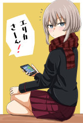 Rule 34 | 1girl, black jacket, blue eyes, blush, cellphone, closed mouth, commentary, crossed legs, enpera, from side, girls und panzer, hand on own knee, highres, holding, holding phone, itsumi erika, jacket, kuromorimine military uniform, light frown, long sleeves, looking at viewer, medium hair, military, military uniform, miniskirt, natsume mina, notice lines, phone, plaid, plaid scarf, pleated skirt, red scarf, red skirt, scarf, silver hair, sitting, skirt, smartphone, solo, translated, uniform