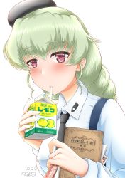 Rule 34 | 1girl, absurdres, anchovy (girls und panzer), anzio school uniform, artist name, beret, black hat, blouse, blush, book, braid, braided ponytail, closed mouth, commentary request, dated, dress shirt, drinking, drinking straw, drinking straw in mouth, food, frown, fruit, girls und panzer, green hair, half-closed eyes, hat, highres, holding, holding book, holding carton, io-catalyst, juice box, lemon, long hair, long sleeves, looking at viewer, partial commentary, red eyes, school uniform, shirt, signature, simple background, single braid, solo, upper body, white background, white shirt, wing collar