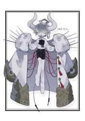 Rule 34 | 1boy, ascot, black ascot, black border, black shorts, border, cable, closed eyes, coat, collared shirt, colored skin, earrings, floating, full body, grey hair, grey tongue, halo, hands up, highres, horns, jewelry, large horns, long sleeves, looking at viewer, male focus, onotsuki w2, open mouth, original, outside border, oversized clothes, pointy ears, puffy long sleeves, puffy sleeves, shirt, short hair, shorts, solo, spikes, rectangular halo, tassel, translation request, white background, white coat, white horns, white shirt, white skin