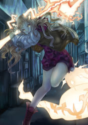 Rule 34 | + +, 1girl, alley, animal ears, bare legs, blonde hair, blunt bangs, building, converse, cross-laced footwear, dress, fighting stance, fire, fox ears, fox tail, glowing, glowing eyes, glowing tail, glowing weapon, hair ribbon, highres, holding, holding weapon, jacket, laces, leg up, long hair, long sleeves, looking at viewer, mitsubaseri, open clothes, open jacket, open mouth, orange eyes, puffy sleeves, red footwear, red riding hood (sinoalice), ribbon, road, running, shoes, short dress, shovel, sidelocks, sinoalice, sneakers, solo, standing, standing on one leg, street, tail, tools, wavy hair, weapon