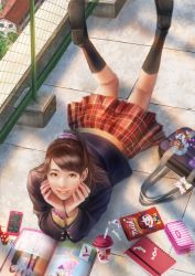 Rule 34 | 1girl, bag, bag charm, bead bracelet, beads, black footwear, black skirt, blazer, book, bracelet, brown eyes, brown hair, cellphone, chain-link fence, charm (object), cup, drinking straw, fence, highres, jacket, jewelry, long hair, looking at viewer, lying, muxia yue nai, notebook, on stomach, open book, original, outdoors, pencil case, phone, plaid, plaid skirt, ponytail, rooftop, school, school bag, school uniform, skirt, smartphone, smile, solo, uniform