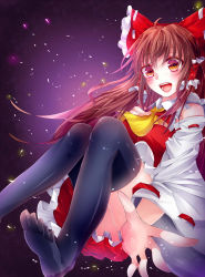 Rule 34 | 1girl, :d, bad id, bad pixiv id, bare shoulders, black thighhighs, brown eyes, brown hair, detached sleeves, feet, female focus, hair ribbon, hair tubes, hakurei reimu, highres, long hair, open mouth, outstretched hand, ribbon, rukito, smile, soles, solo, thighhighs, touhou