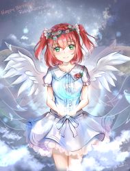 Rule 34 | 1girl, absurdres, angel, angel wings, aqua eyes, artist name, artist request, azuniazzz (pixiv39935474), blush, breasts, cloud, dress, feathered wings, female focus, flower, flower wreath, frilled sleeves, frills, green eyes, hair ornament, head wreath, highres, kurosawa ruby, looking at viewer, love live!, love live! school idol festival, love live! sunshine!!, night, pink flower, puffy short sleeves, puffy sleeves, red flower, red hair, short hair, short sleeves, skirt, sky, small breasts, solo, twintails, white skirt, white wings, wing hair ornament, wings