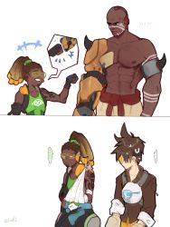 Rule 34 | ..., 1girl, 2boys, 2koma, ^^^, abs, arm sling, armor, bald, bare shoulders, bomber jacket, brown hair, brown jacket, chest harness, clenched hand, comic, dark-skinned male, dark skin, doomfist (overwatch), dreadlocks, facial hair, fist bump, goatee, goggles, harness, headphones, headphones around neck, high ponytail, highres, instant loss, jacket, leather, looking at another, lucio (overwatch), multiple boys, muscular, overwatch, overwatch 1, simple background, spiked hair, spoken ellipsis, sweatdrop, tank top, tattoo, topless male, tracer (overwatch), twitter username, visor, white background