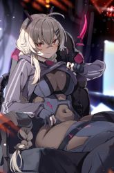 Rule 34 | 1girl, black nails, blush, bodysuit, braid, breasts, chair, cleavage, clothes lift, cropped jacket, gloves, grey hair, highres, hood, hoodie, indie virtual youtuber, long hair, looking at viewer, nail polish, navel, partially fingerless gloves, red eyes, saruei (vtuber), scar, scar across eye, see-through, shirt lift, simao (x x36131422), sitting, smile, virtual youtuber