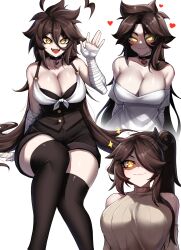 Rule 34 | 1girl, absurdres, bandaged arm, bandages, bare shoulders, black choker, black shorts, blush, bow, breasts, brown hair, choker, cleavage, cowboy shot, detached sleeves, grin, hair bow, hand up, heart, highres, large breasts, long hair, looking at viewer, multiple views, original, rageman709, shorts, simple background, smile, smug, solo, thighs, very long hair, yellow eyes