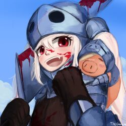 Rule 34 | 1girl, alice sawyer, armor, artist name, bandages, blood, blood on face, bloody weapon, fang, female focus, helmet, highres, indie virtual youtuber, outdoors, pig, red eyes, signature, solo, thegeniea1, virtual youtuber, weapon, white hair