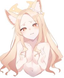 Rule 34 | 1girl, animal ears, bare shoulders, blonde hair, blue archive, blush, breasts, breasts squeezed together, bright pupils, collarbone, commentary, completely nude, flower, flower wreath, forehead, fox ears, fox girl, hair flower, hair ornament, halo, hands on own breasts, head tilt, highres, long hair, looking at viewer, navel, nude, orange eyes, parted bangs, parted lips, seia (blue archive), sidelocks, simple background, small breasts, stomach, upper body, utyuueituu, very long hair, wavy hair, white background, white pupils