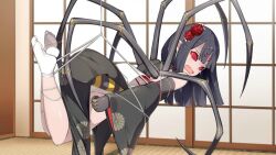 Rule 34 | 1girl, arthropod girl, arthropod limbs, artist request, bare shoulders, bdsm, black hair, black kimono, blunt bangs, bondage, bound, carapace, detached sleeves, extra ears, flower, game cg, hair flower, hair ornament, insect girl, japanese clothes, kimono, komachi (monster musume), long hair, looking at viewer, monster musume no iru nichijou, monster musume no iru nichijou online, obi, official art, open mouth, red eyes, red flower, sash, socks, solid eyes, solo, spider girl, tatami, white socks, wide sleeves