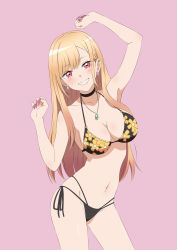 Rule 34 | 1girl, absurdres, armpits, arms up, asymmetrical bangs, barbell piercing, bikini, black bikini, blonde hair, breasts, cat-opa-25, choker, cleavage, collarbone, colored tips, contrapposto, cowboy shot, ear piercing, earrings, fake nails, fingernails, floral print, highres, industrial piercing, jewelry, kitagawa marin, large breasts, long fingernails, long hair, looking at viewer, multi-strapped bikini, multicolored hair, multiple earrings, nail polish, narrow waist, navel, pendant, piercing, pink background, pink hair, pink nails, print bikini, red eyes, shirt, side-tie bikini bottom, simple background, smile, solo, sono bisque doll wa koi wo suru, spaghetti strap, standing, stud earrings, swimsuit, teeth, thighs, upper teeth only, very long hair
