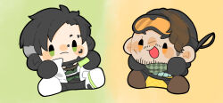 Rule 34 | 2boys, apex legends, black hair, black hat, blush stickers, brown hair, checkered clothes, checkered scarf, chibi, chibi only, closed mouth, crypto (apex legends), goggles, goggles on head, gradient background, green eyes, hat, male focus, mirage (apex legends), multiple boys, open mouth, orange eyes, rotten cf, scarf, short hair, sitting, sparse stubble, undercut