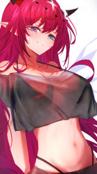 Rule 34 | 1girl, aqua eyes, arms at sides, bare shoulders, bra visible through clothes, breasts, breasts apart, bright pupils, casual, crop top, crop top overhang, getto, grin, halo, heterochromia, highleg, highleg panties, highres, hololive, hololive english, irys (hololive), long hair, looking at viewer, medium breasts, midriff, navel, off-shoulder shirt, off shoulder, panties, pink eyes, purple hair, see-through, shirt, simple background, smile, solo, underwear, upper body, very long hair, virtual youtuber, white background