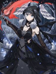 Rule 34 | 1girl, alternate costume, blue eyes, breasts, cleavage, cloak, cosplay, death (entity), drill hair, fgsketch, grey hair, grim reaper, grim reaper (cosplay), halloween, head wings, highres, holding, holding scythe, large breasts, looking at viewer, melia antiqua, scythe, smile, solo, weapon, wings, xenoblade chronicles (series), xenoblade chronicles 1