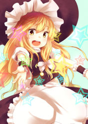 Rule 34 | 1girl, bad id, bad pixiv id, blonde hair, blush, bow, dress, female focus, hair bow, hat, kirisame marisa, long hair, mokoke, open mouth, outstretched arms, smile, solo, spread arms, star (symbol), touhou, witch, witch hat, yellow eyes