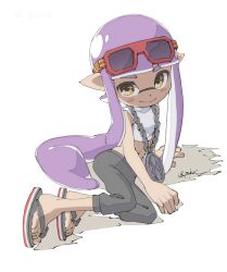 Rule 34 | 1girl, arm support, blunt bangs, crop top, eyewear on head, highres, inkling, inkling girl, inkling player character, jewelry, leaning to the side, looking at viewer, navel, necklace, nintendo, pants, pointy ears, pukur, purple hair, sandals, simple background, sitting, sleeveless, smile, solo, sparkling eyes, splatoon (series), sunglasses, tentacle hair, twitter username, white background, yellow eyes, yoga pants