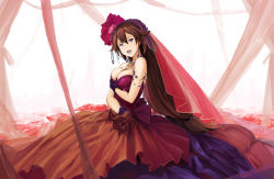 Rule 34 | 10s, 1girl, black gloves, blush, breasts, brown hair, chain chronicle, cleavage, dress, earrings, fantasy, flower, gloves, hair flower, hair ornament, jewelry, kyaro (kyaro54), large breasts, long hair, looking at viewer, necklace, open mouth, purple eyes, smile, solo, very long hair