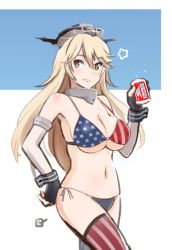 Rule 34 | 10s, 1girl, alcohol, american flag bikini, beer, beer can, bikini, blonde hair, breasts, budweiser, can, detached sleeves, drink can, flag print, gloves, hasegawa keita, iowa (kancolle), kantai collection, large breasts, long hair, product placement, solo, swimsuit, thighhighs, yellow eyes