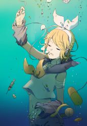 Rule 34 | 1girl,  ul, air bubble, bad id, bad pixiv id, bandages, bandaid, bandaid on hand, blonde hair, bubble, detached sleeves, closed eyes, hair ornament, hairband, hairclip, highres, intravenous drip, kagamine rin, pill, short hair, solo, syringe, underwater, vocaloid