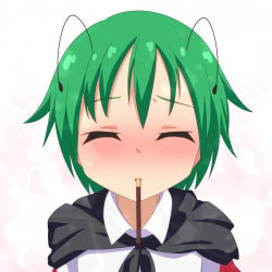 Rule 34 | 1girl, antennae, blush, cape, cato (monocatienus), commentary request, closed eyes, facing viewer, food, green hair, incoming pocky kiss, mouth hold, nose blush, pocky, shirt, short hair, simple background, solo, touhou, upper body, white shirt, wriggle nightbug