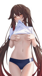 Rule 34 | 1girl, absurdres, alternate costume, black choker, blue buruma, blush, breasts, brown hair, buruma, choker, clothes in mouth, clothes lift, covering privates, covering breasts, cowboy shot, flower-shaped pupils, genshin impact, gluteal fold, gym uniform, highres, hu tao (genshin impact), long hair, mouth hold, navel, orange eyes, raised eyebrows, shirt in mouth, shirt lift, simple background, small breasts, solo, stomach, symbol-shaped pupils, thighs, toki88909, very long hair, white background