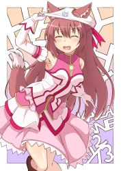 Rule 34 | 1girl, akaza akane, animal ear fluff, animal ears, armpits, bare shoulders, blush, border, breasts, brown hair, closed eyes, cosplay, dog days, drooling, elbow gloves, fox ears, fox tail, gloves, highres, long hair, magical girl, medium breasts, mouth drool, object on head, open mouth, outside border, panties, panties on head, pink panties, saliva, shiny skin, smile, solo, standing, tail, underwear, white border, white gloves, yurikamome8160, yuru yuri