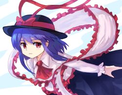 Rule 34 | 1girl, black hat, black skirt, bow, closed mouth, commentary request, frilled shawl, frilled shirt, frills, hat, hat bow, long sleeves, looking at viewer, medium hair, nagae iku, plus2sf, purple hair, red bow, red eyes, shawl, shirt, short hair, skirt, solo, touhou