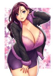 Rule 34 | 1girl, beryl (junkpuyo), blouse, borrowed character, breasts, cleavage, curvy, erkaz, highres, huge breasts, long hair, looking at viewer, parted lips, purple eyes, purple hair, purple shirt, shirt, shirt tucked in, smile, solo, tagme, thick thighs, thighs