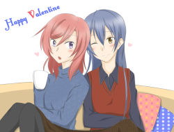 Rule 34 | 2girls, :o, ;), artist name, artist request, black cardigan, black jacket, black legwear, blue hair, blue sweater, blush, breasts, brown eyes, cardigan, cup, female focus, hair between eyes, happy valentine, heart, holding, holding cup, jacket, long hair, long sleeves, looking at viewer, love live!, love live! school idol project, multiple girls, nishikino maki, one eye closed, parted lips, pillow, polka dot pillow, purple eyes, red hair, red vest, small breasts, smile, sonoda umi, sweater, turtleneck, turtleneck sweater, valentine, vest, white background, wink, yellow eyes