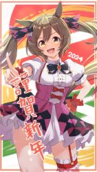 Rule 34 | 1girl, 2024, absurdres, adlib, animal ears, blush, brown eyes, brown hair, commentary request, garter belt, hair ornament, highres, horse ears, horse girl, horse tail, looking at viewer, new year, open mouth, pointing, pointing at viewer, ribbon, short twintails, smart falcon (umamusume), sweat, tail, thighs, translation request, twintails, umamusume